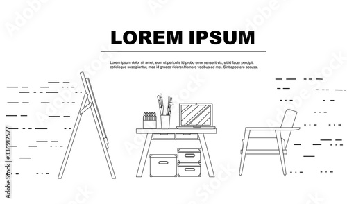 Outline style advertising flyer design concept with working desk chair and easel flat vector illustration on white background