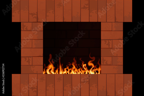 Brick fireplace with flame.