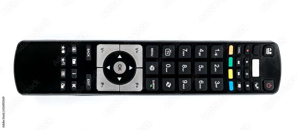 used multimedia remote control on white background used multimedia remote control on white background