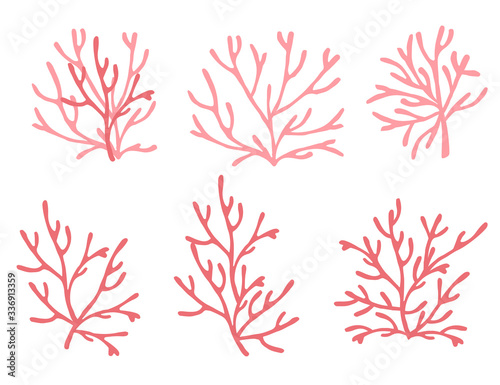 Set of pink colored seaweeds underwater ocean plants sea coral elements flat vector illustration on white background
