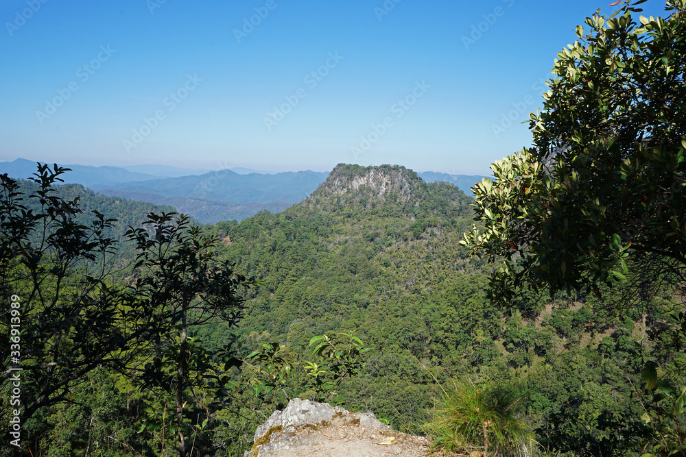 Natural landscape of rocky green mountain range view with clear blue sky