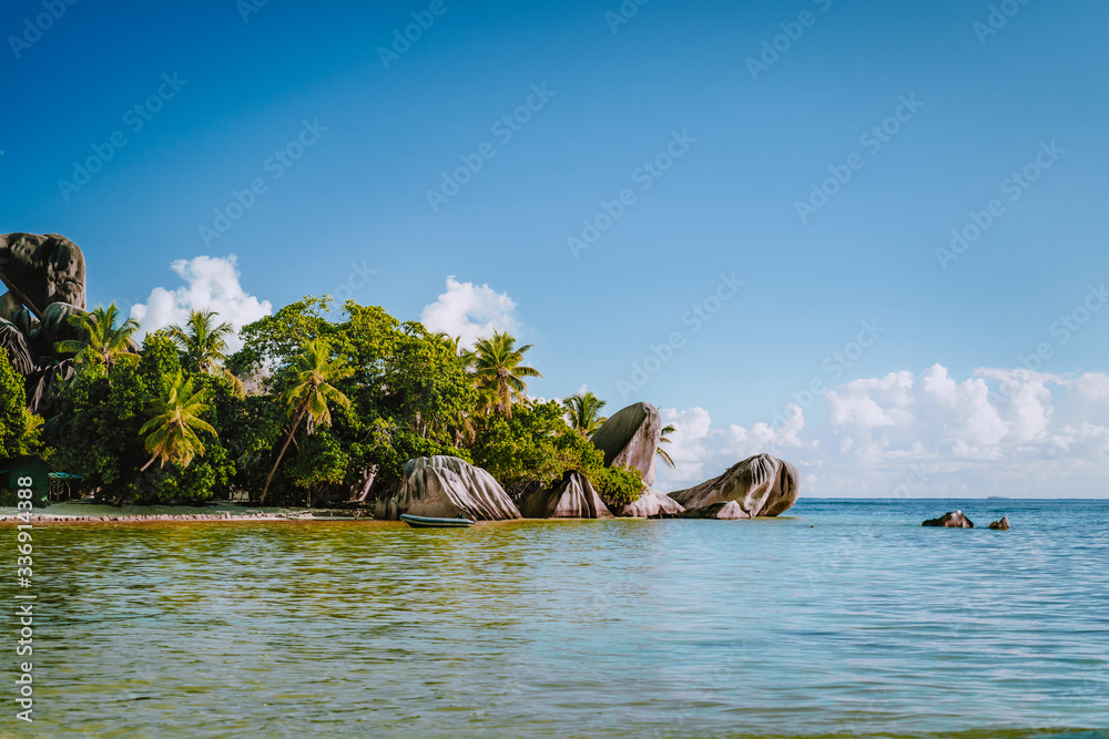 Source d'Argent most famous beach at La Digue island, Seychelles - holiday vacation background