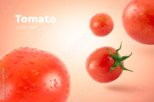 Fresh flying tomatoes on a red background with drops. Tomatoes with full depth of coldness