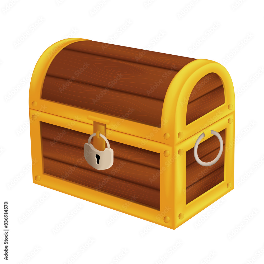 Treasure wooden pirate chest. Isometric vector illustration of vintage closed money trunk with metal padlock and handle isolated on white background Treasure wooden pirate chest. Isometric vector illustration of vintage closed money trunk with metal padlock and handle isolated on white background