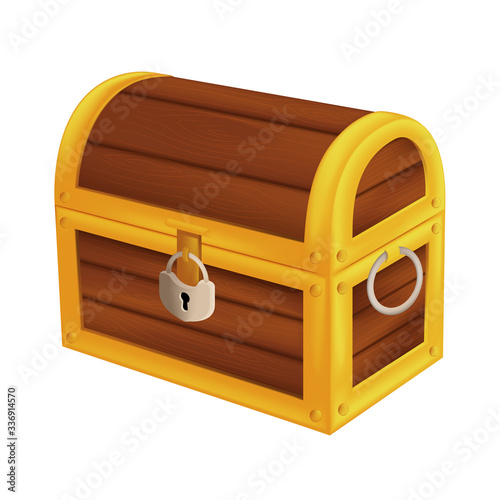 Treasure wooden pirate chest. Isometric vector illustration of vintage closed money trunk with metal padlock and handle isolated on white background