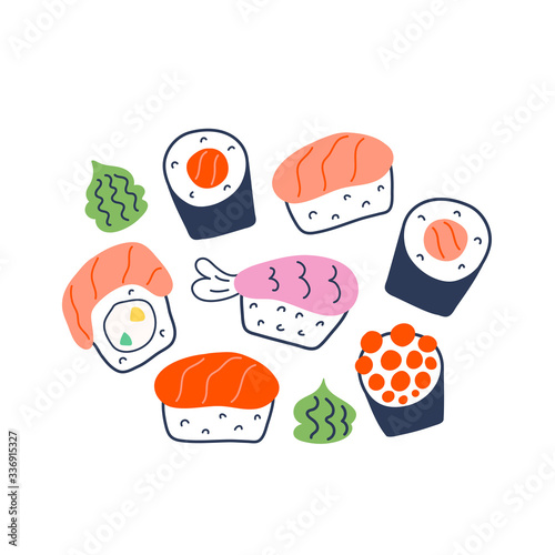 Various sushi rolls, doodle maki, philadelphia and nigiri with salmon, shrimp and caviar, collection of different rolls with green wasabi seasoning, tasty japanese food, vector illustration. 