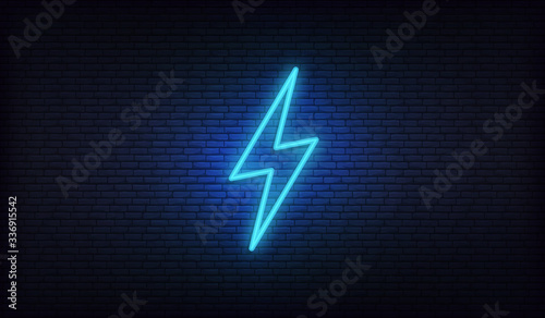 Neon lightning, thunder and electricity. Lightning bolt neon sign
