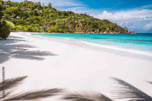 Fototapeta Naklejka Na Ścianę i Meble -  An empty exotic sandy beach Petite Anse on Mahe Island,Seychelles islands. Vacation at summer season