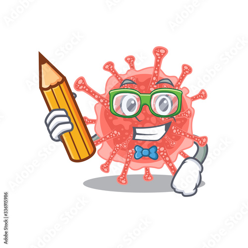 A brainy student oncovirus cartoon character with pencil and glasses