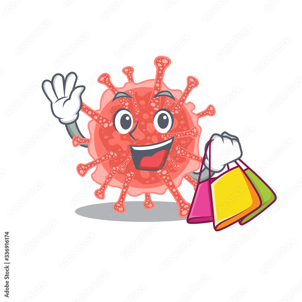 Rich and famous oncovirus cartoon character holding shopping bags