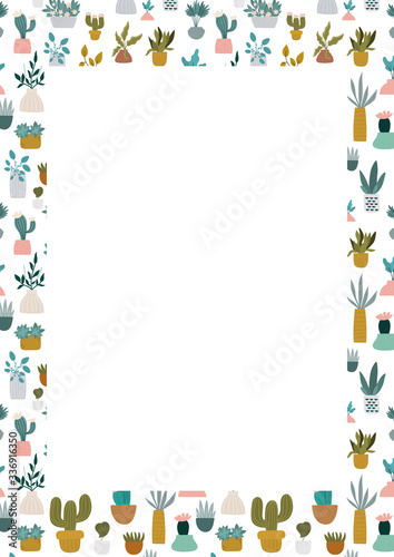 Cartoon home plants and succulents  printable page a4 size. Design for poster  notebook  kids book  card  cover. Baby style.