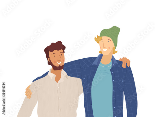 Male friends, smiling guys flat vector illustration