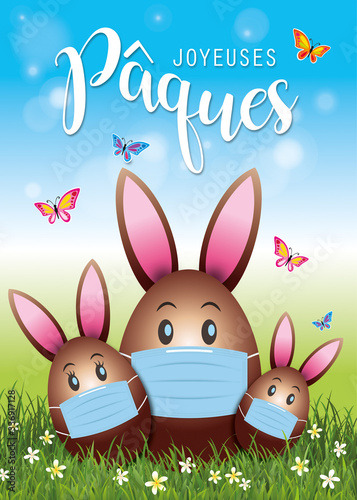 Joyeuses Pâques lapins en chocolat et masque coronavirus-1