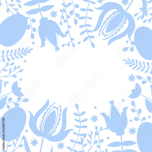 Spring floristic frame border with various flowers, branch and leaves. Composition with copy space. Vector illustration for card, invitation, poster etc.