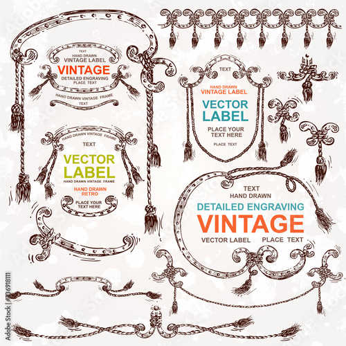 Vintage Tassels vector set: hand drawn design elements and frames