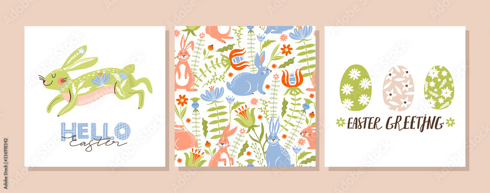 Easter set of greeting card. Cute rabbit, egg, flower, leaves and lettering composition. Vector illustration for holiday card, scrapbook, invitation, poster, flyer etc.