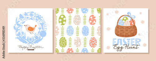 Easter set of greeting card. Cute bird, egg, flower, leaves and lettering composition. Vector illustration for holiday card, scrapbook, invitation, poster, flyer etc.