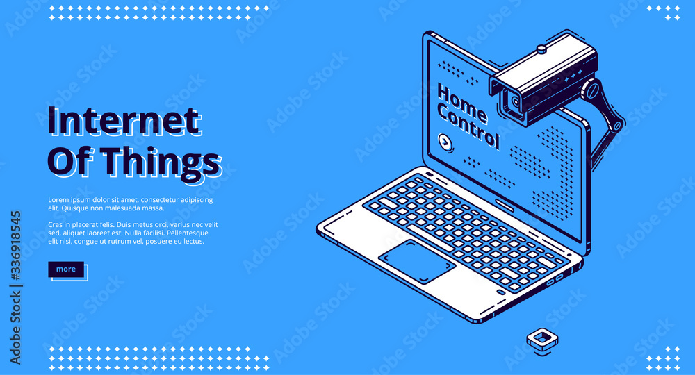 Internet of things isometric web banner. Laptop with Home control lettering on screen and smart house equipment, camera for home control, iot technology. 3d vector illustration, line art, landing page Internet of things isometric web banner. Laptop with Home control lettering on screen and smart house equipment, camera for home control, iot technology. 3d vector illustration, line art, landing page