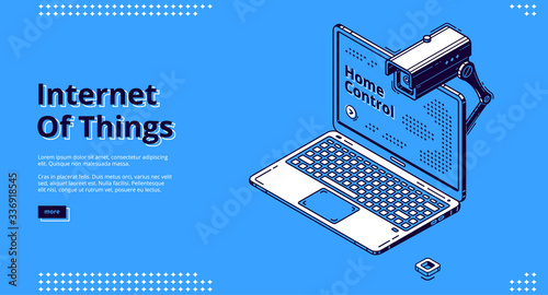 Internet of things isometric web banner. Laptop with Home control lettering on screen and smart house equipment, camera for home control, iot technology. 3d vector illustration, line art, landing page