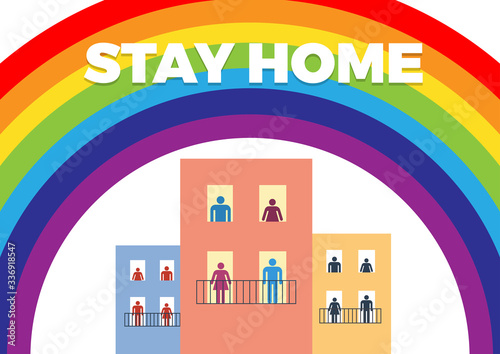 The word Stay Home, save you by coronavirus. Vector background with family inside rainbow