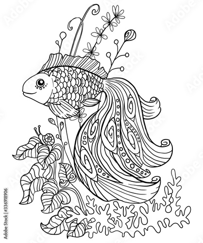 coloring book with a goldfish in an aquarium