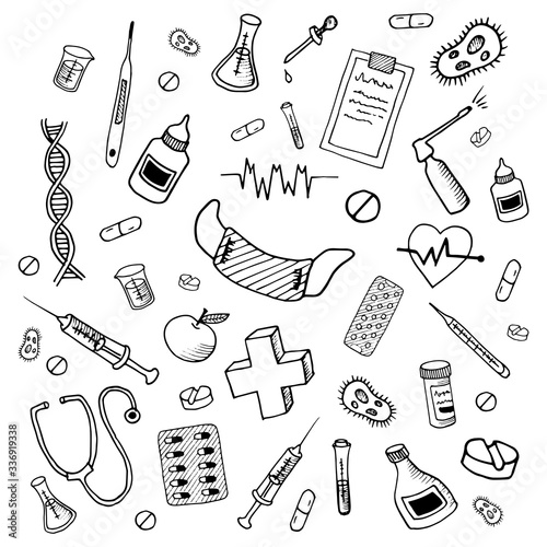 Medical doodles. Hand drawn medicine icon set. Healthcare sketched collection, pharmacy icons. Cartoon doodle objects, symbols and items. Vector illustrations.