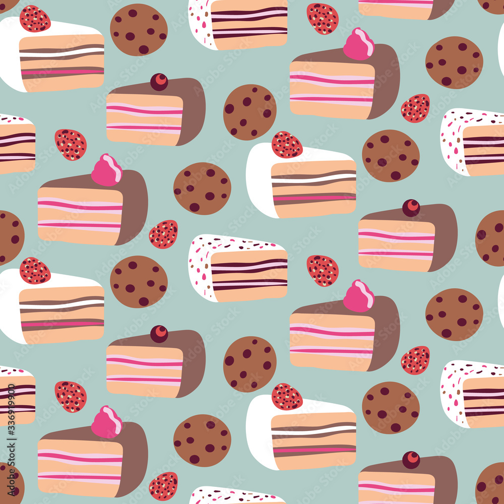 Cakes and cookies seamless vector pattern. Cute dessert surface print design. For birdhday cards, gift wrap, cooking blogs, catering, and cafes. To be tiled on fabrics, stationery and packaging.