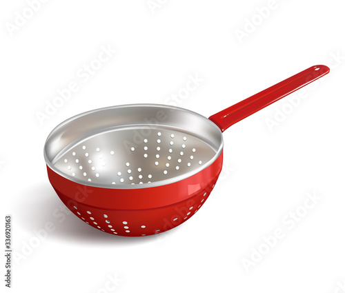 Red colander on a white background. Vector illustration.