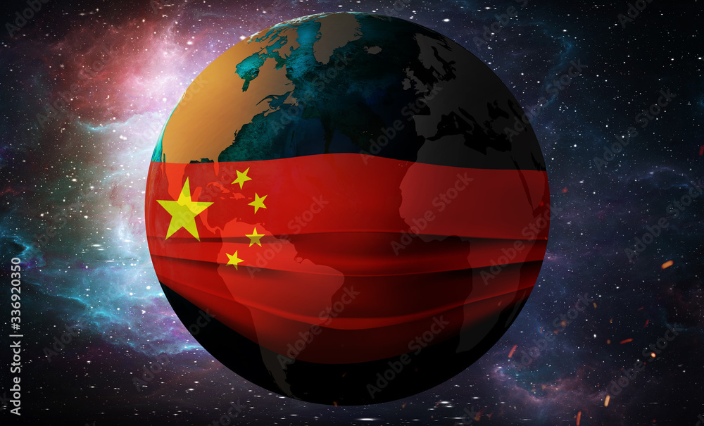 Earth Globe in a medical mask. Global epidemic of corona virus concept. China flag. Earth Globe in a medical mask. Global epidemic of corona virus concept. China flag.