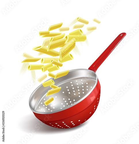 Red colander  on a white background and flying pasta. Vector illustration.