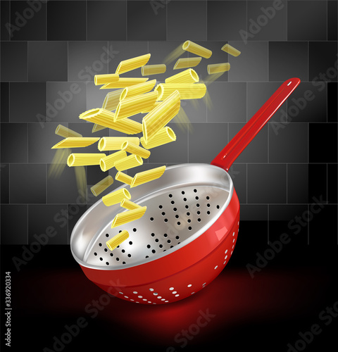 Red colander on a dark background ceramic tiles and flying pasta. Vector illustration.