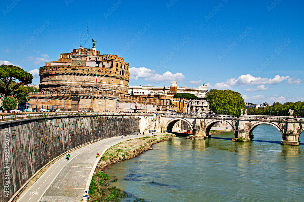 Castle St Angelo and view of Bridge on Tiber River, built by Emperor Hadrian 