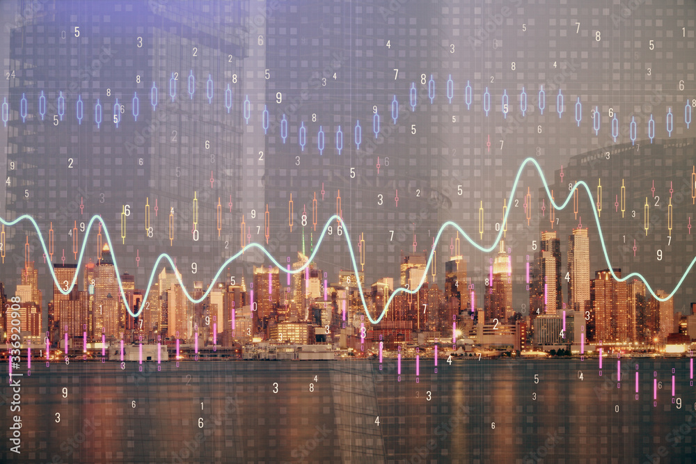 Naklejka premium Financial graph on night city scape with tall buildings background double exposure. Analysis concept.