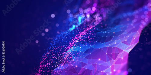 Abstract neural network 3D illustration. Big data concept. Global database and artificial intelligence. Bright, colorful background with bokeh effect photo