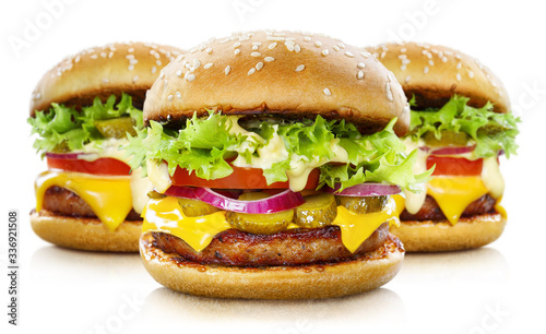 Group of delicious burgers, isolated on white background