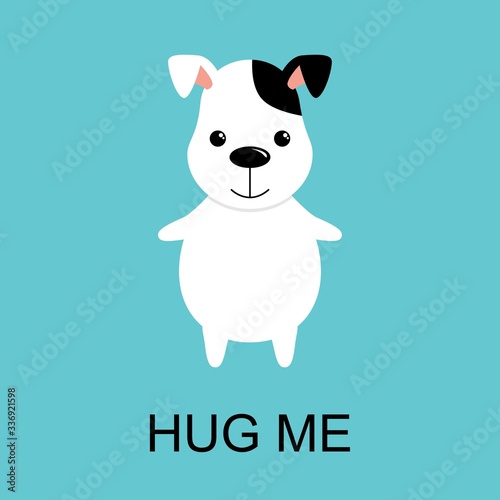 Cartoon cute dog and an inscription hug me on a blue background. Kawaii illustration
