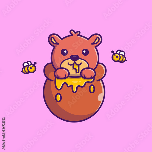 Cute Teddy Bear Eat Honey Vector Icon Illustration. Bear Mascot Cartoon Character. Animal Icon Concept White Isolated. Flat Cartoon Style Suitable for Web Landing Page, Banner, Flyer, Sticker, Card