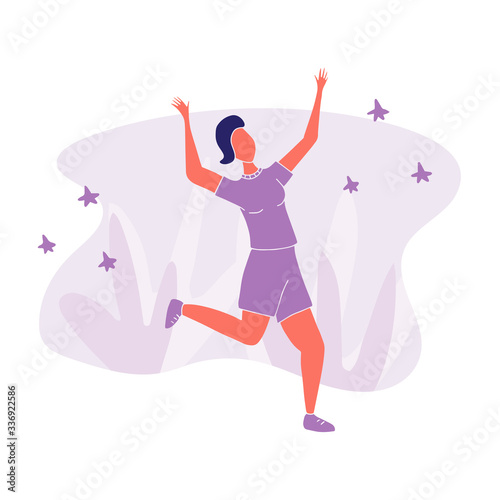 Girl dancing with raised hands vector flat illustration on white background.
