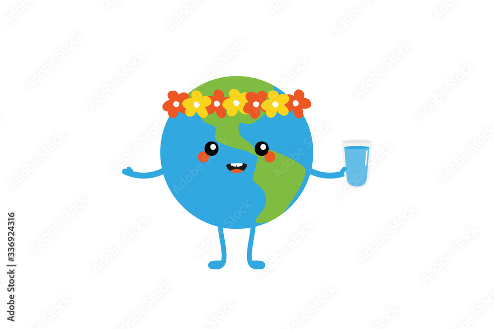 Obraz premium Cute cartoon earth character in floral wreath holding glass of water in hand, saving water concept. 