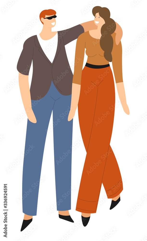 Couple hugging and walking, man and woman in love Couple hugging and walking, man and woman in love