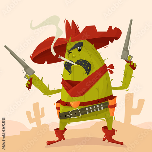 Cocky character cactus cowboy with revolvers in the desert in the Wild West. Children s illustration