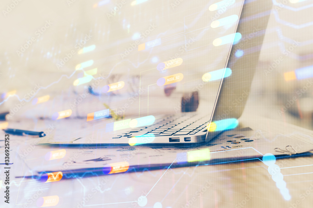 Double exposure of desktop with personal computer on background and tech theme drawing. Concept of data analysis. Double exposure of desktop with personal computer on background and tech theme drawing. Concept of data analysis.
