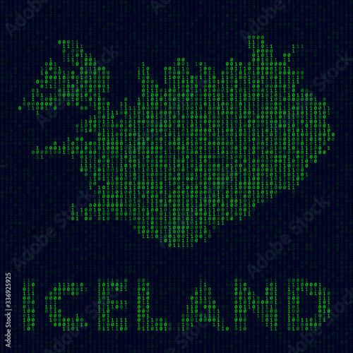 Digital Iceland logo. Country symbol in hacker style. Binary code map of Iceland with country name. Powerful vector illustration.