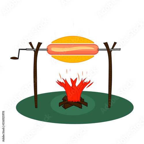 Huge hot dog with sauce on a spit roasted on a fire. Grilled big sausage on a rotisserie with bonfire with firewood. Flat vector illustration.