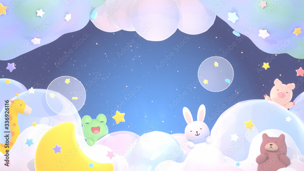 Sweet dream of cute animals. Soft pastel gradient color clouds, stars, bubbles, and yellow crescent moon at night. 3d rendering picture.
