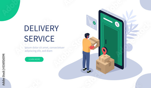 Online Delivery Service Web Banner Template. Courier in Medical Mask and Gloves Standing near Door and Holding Parcel Box. Contactless Quarantine Delivery Concept. Flat Isometric Illustration.