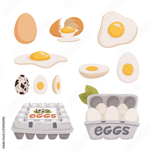 Set of chicken and quail eggs in different forms raw, boiled and fried and in...