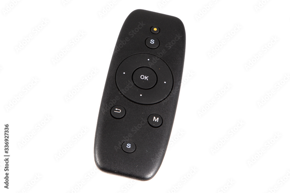 Remote black simple control for equipment Television on white background Remote black simple control for equipment Television on white background