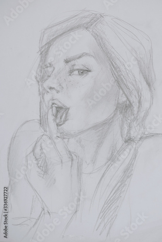 Fototapeta Naklejka Na Ścianę i Meble -  Sketch drawing sketch of a girl showing the middle finger and licking it.