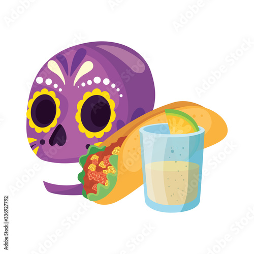 Mexican skull burrito and tequila shot design, Mexico culture tourism landmark latin and party theme Vector illustration